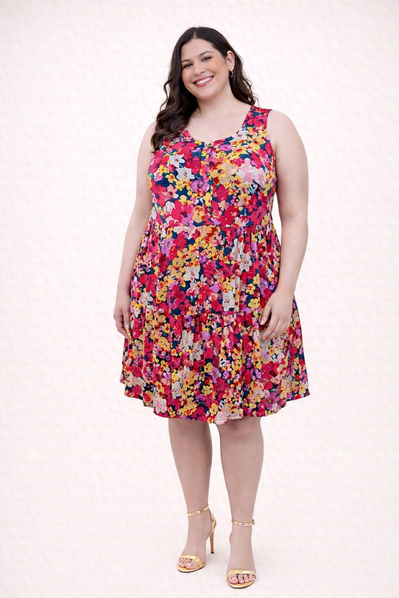 Vestido Plus Size Floral sin Mangas con Botones