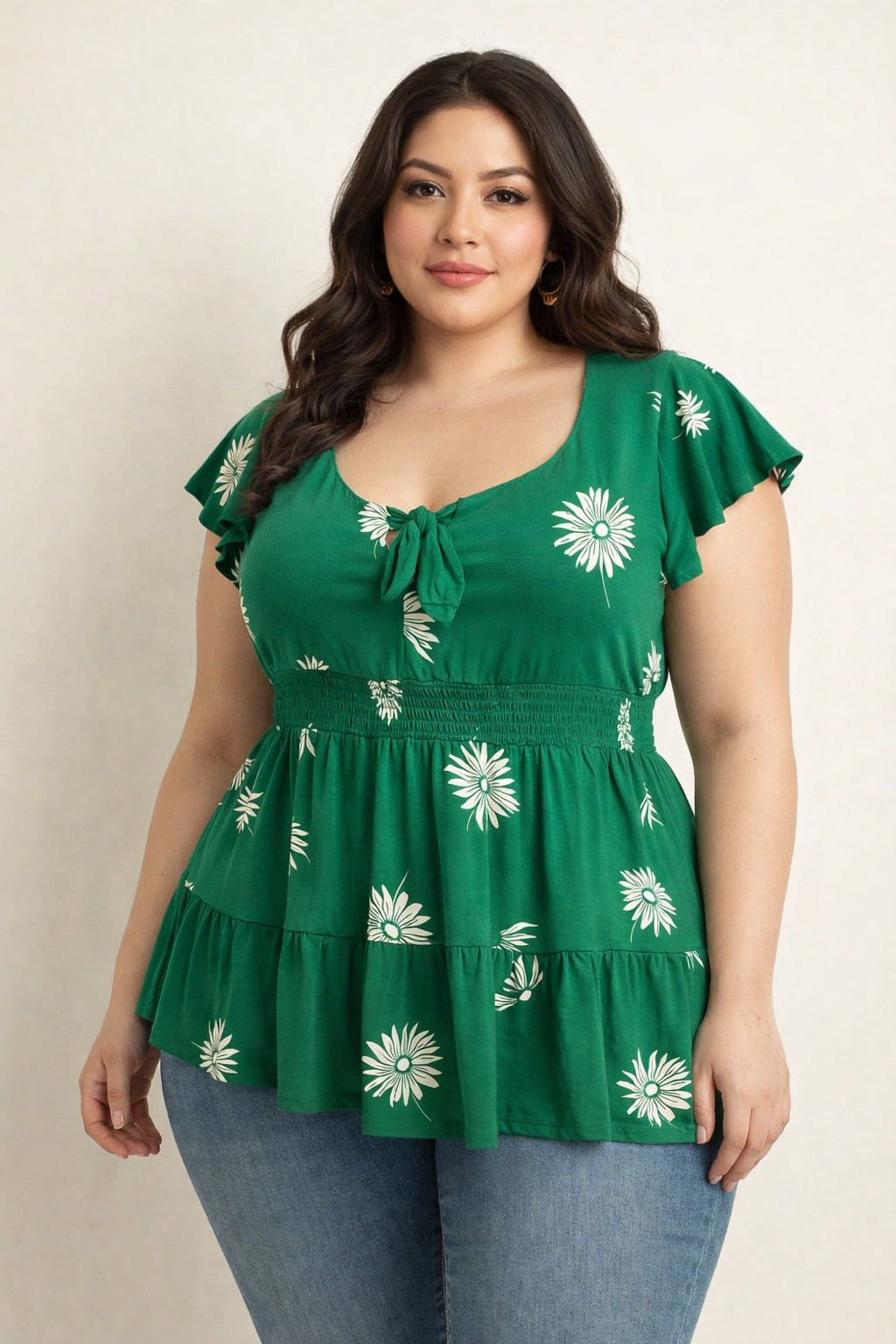🌿 Blusa Plus Size Verde Floral con Amarre