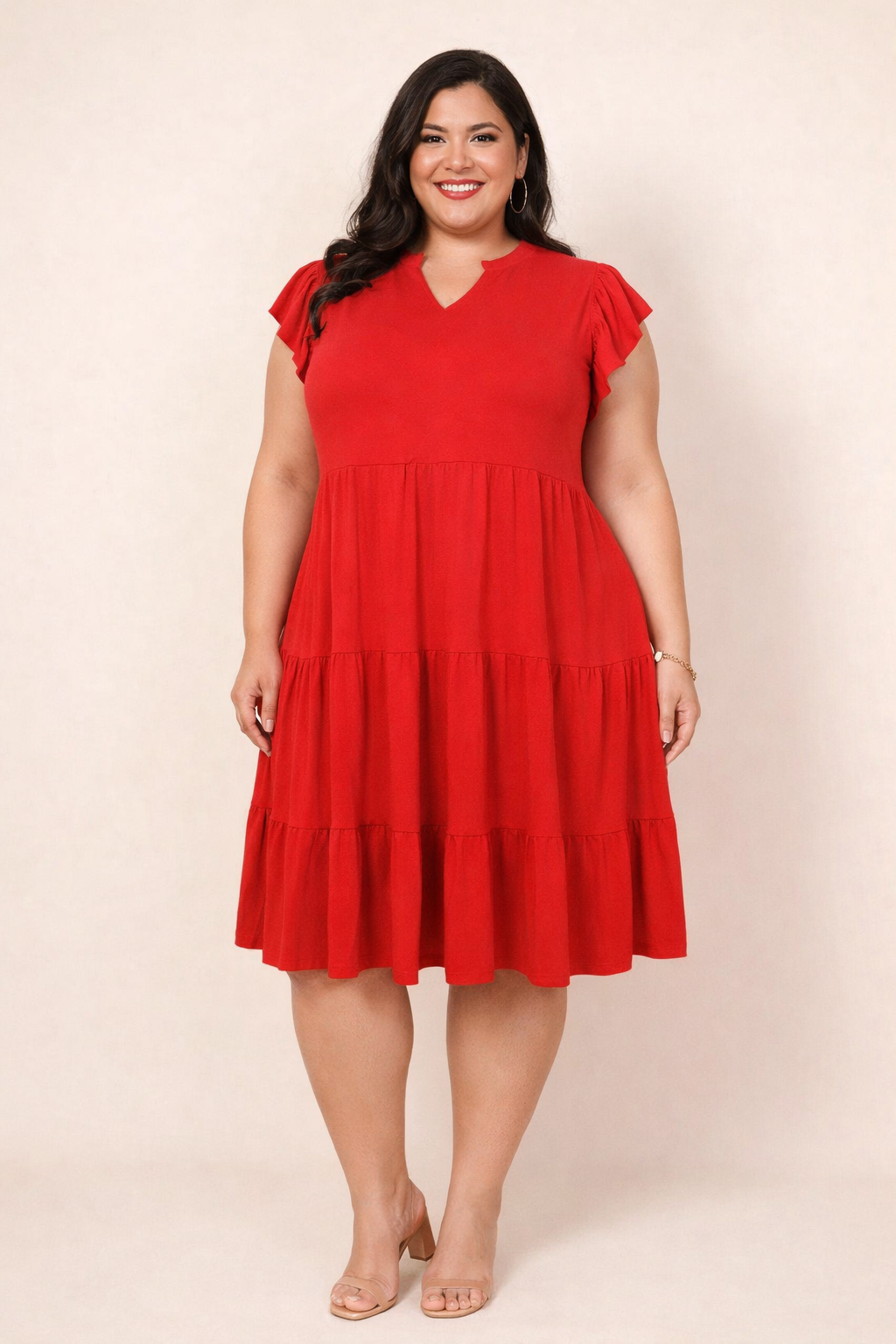Vestido Rojo Plus Size con Mangas Voladas