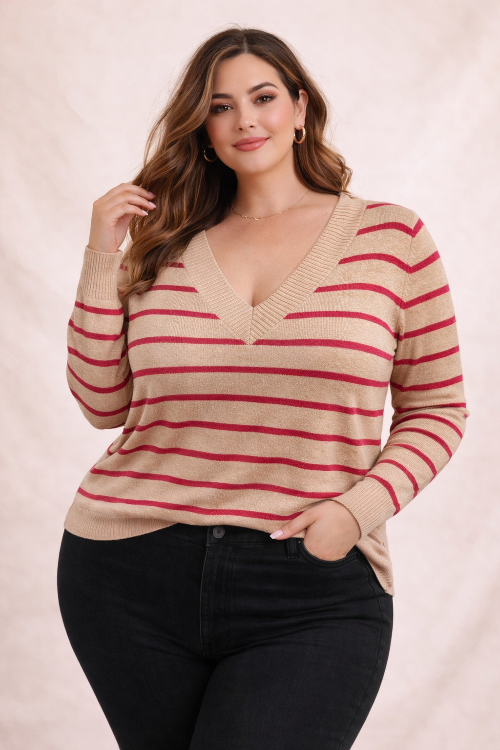 Suéter Plus Size Rayado con Escote en V