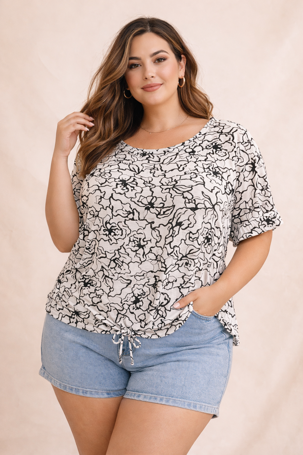 Blusa Plus Size Estampada con Ajuste Frontal