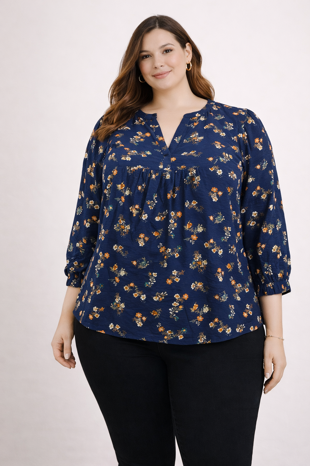 Blusa Floral Azul Marino Plus Size