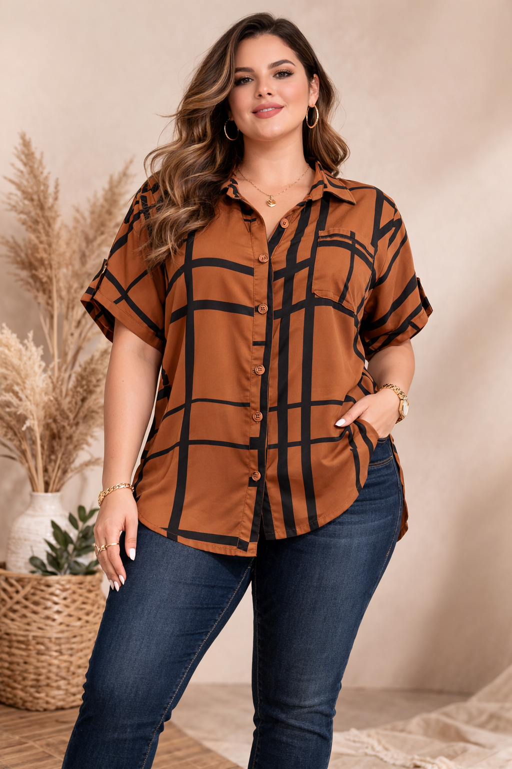 Blusa Cuadros Café Chic Plus