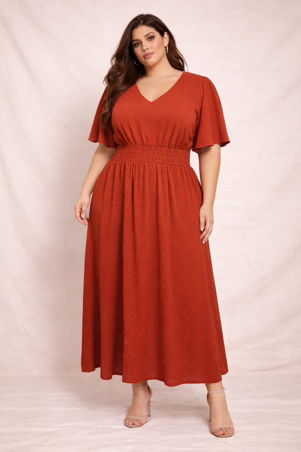 Vestido Largo Terracota Plus Size con Cintura Fruncida