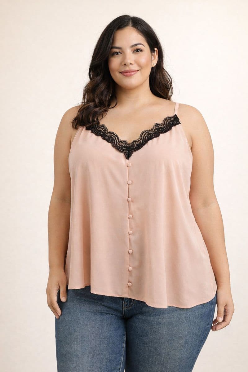Blusa Rosada con Encaje Negro y Botones Frontales – Plus Size Elegante