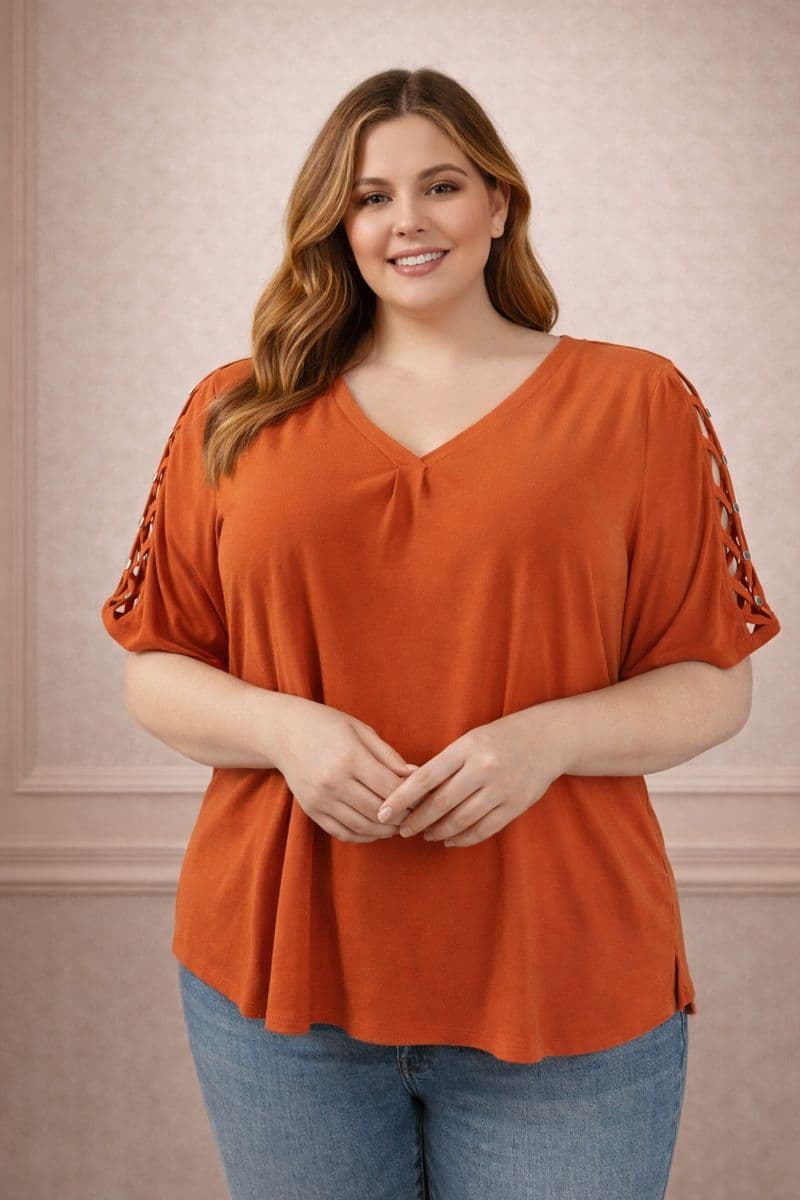 Blusa Terracota con Escote en V y Detalle Trenzado en Mangas