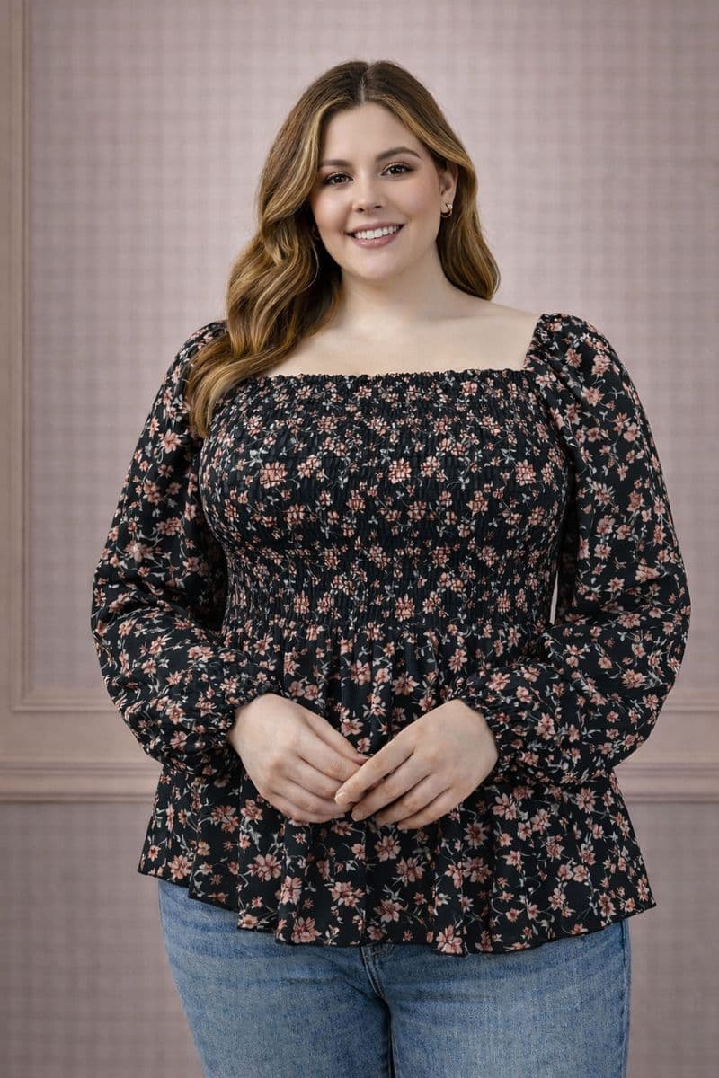 Blusa Negra Floral con Smock