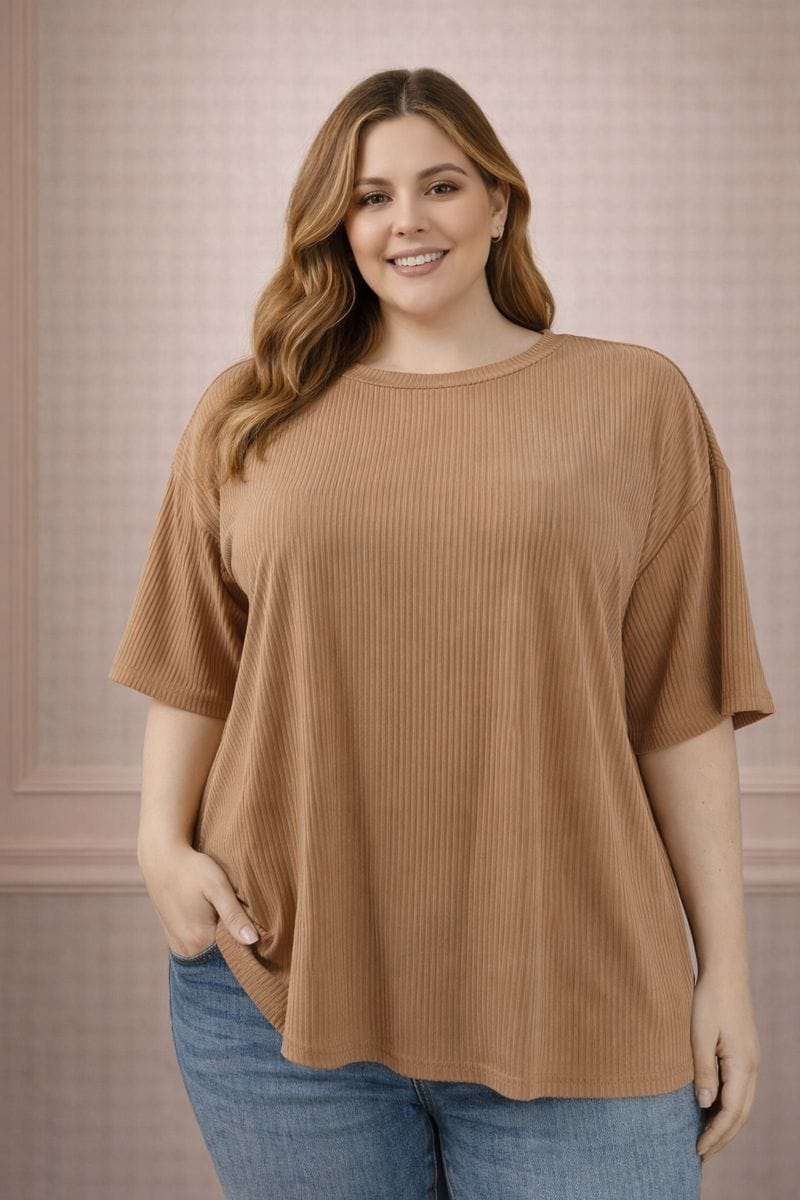 Blusa Camel Rib Manga Corta