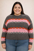 Suéter Gris con Rayas Rosadas y Terracota