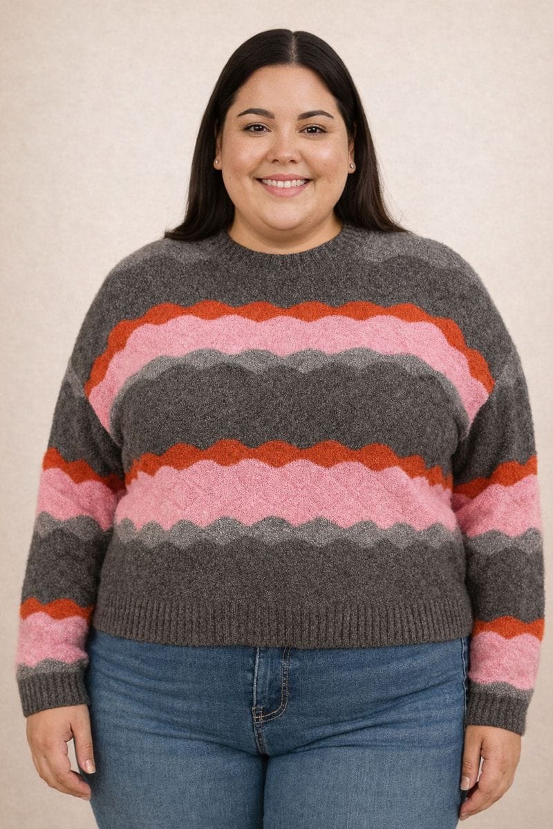 Suéter Gris con Rayas Rosadas y Terracota