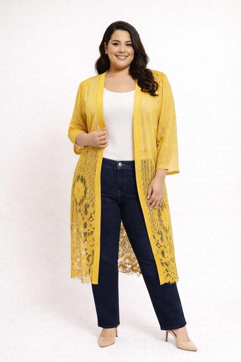 Cardigan Largo de Encaje Amarillo