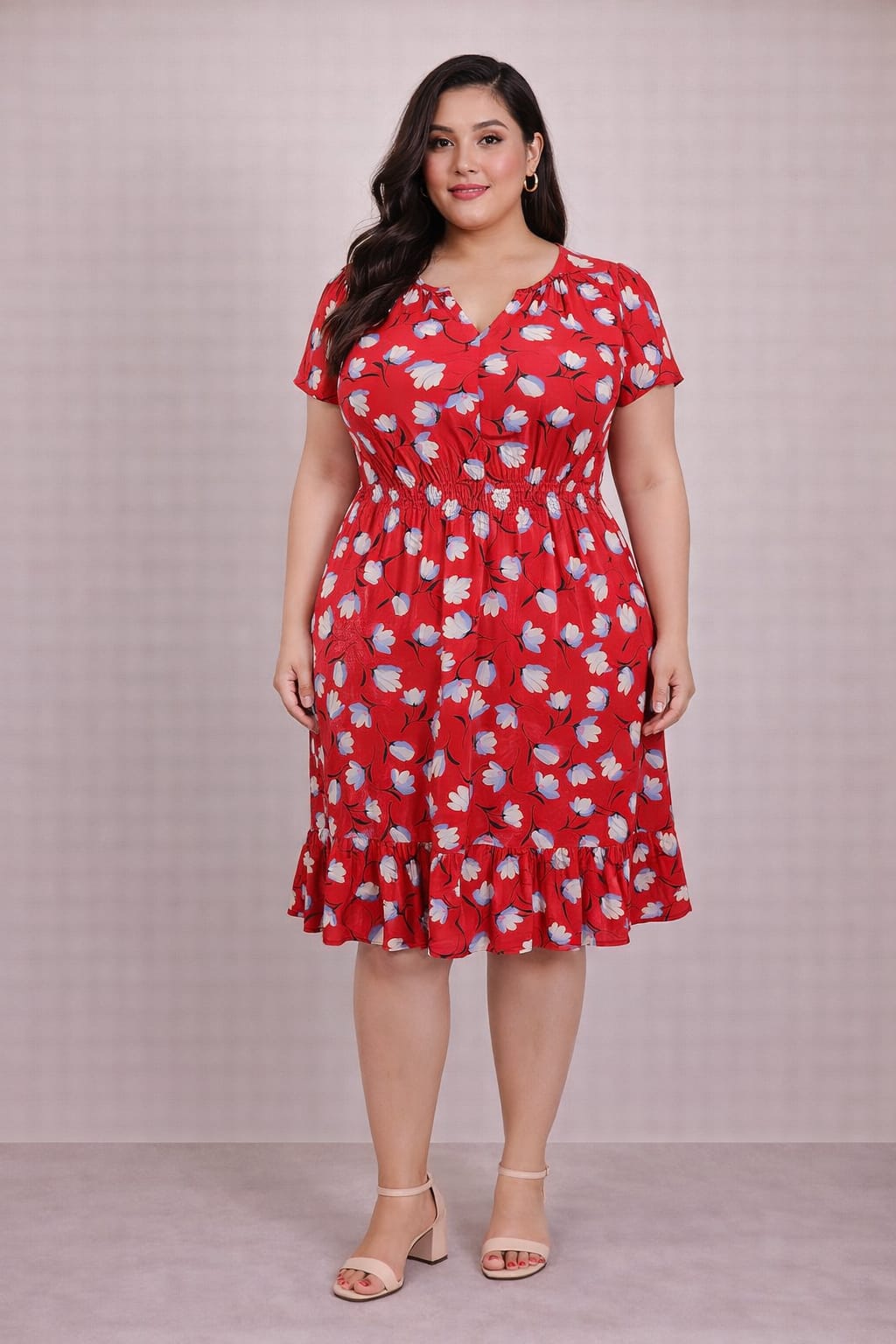 Vestido Rojo Floral Plus Size con Cintura Elástica