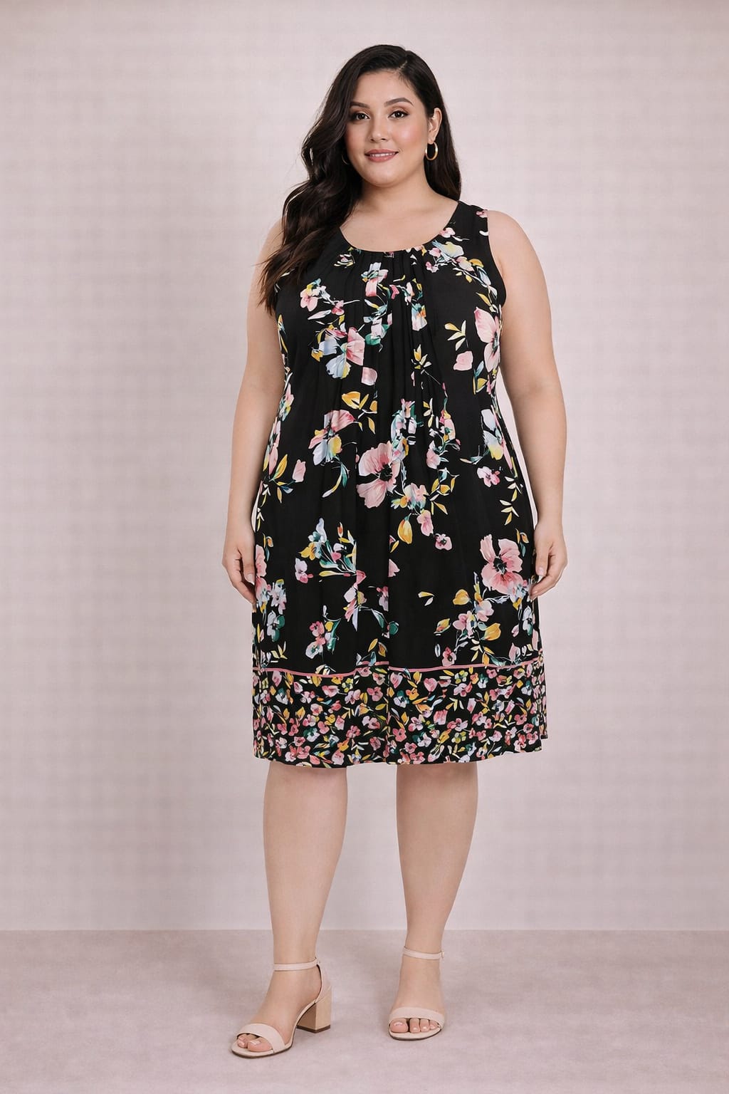 Vestido Negro Floral Plus Size sin Mangas
